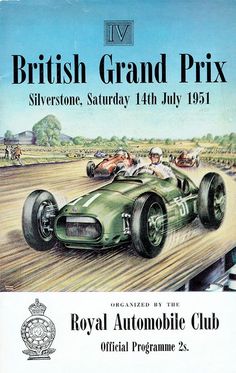 an advertisement for the british grand prix featuring a green race car and two men driving it