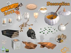 an image of halloween decorations with pumpkins, books and other things to decorate it