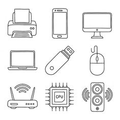 various electronic devices are shown in this black and white image, with one line drawing