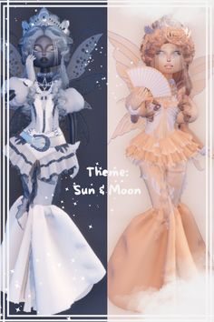 two paper dolls are shown side by side, one is wearing a dress and the other has a fan