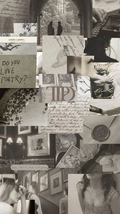 black and white collage with letters, pictures, and words on it's side