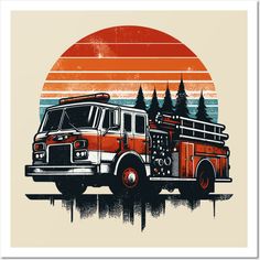 an old firetruck with trees on the background is featured in this retro poster