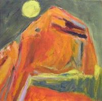 a painting of an orange chair with the sun in the background