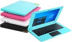 four different colored laptops stacked on top of each other with the same color cover