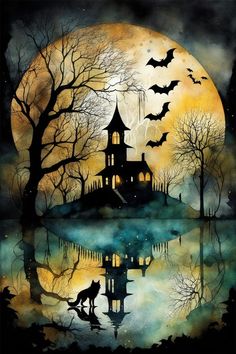 a painting of a house with bats flying over it and the moon in the background