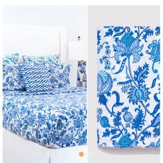 a bed with blue and white comforters on it next to an image of a peacock print bedspread