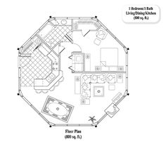 a floor plan for a small cabin with living room and kitchen, including the bedroom