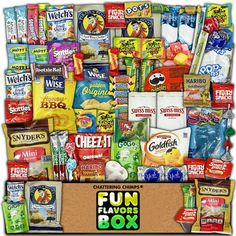 the fun flavors box is packed with snacks and candys, including chips, crackers,