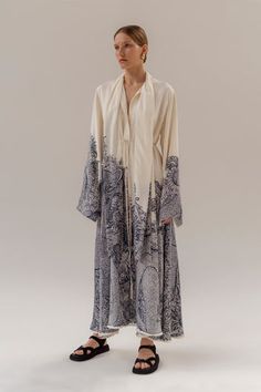 Shop the Juana Gómez Ramírez by Heirlome | Official Site Shaped Canvas Painting, Jalabia Styles, Silk Crepe Fabric, Summer Coats, Kaftan Style, Oversize Sleeves, Navy Print, Beach Wear Outfits, Korean Girl Fashion