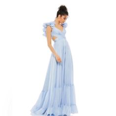 On Sale Is A Mac Duggal 67911 Rosette Chiffon Cutout Empire Waist Gown Powder Blue 6. It Is New With Tags. Mac Duggal Prom Dresses, Tiered Gown, Empire Waist Gown, Mac Duggal Dress, Light Blue Prom Dress, Long Sleeve Evening Gowns, Mac Duggal Dresses, Prom Dresses Gowns, Sleeveless Gown