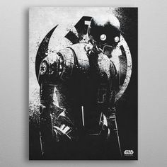 a black and white image of a robot with a helmet on it's head