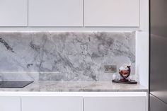 Bianco Eclipse White Quartzite Stone Kitchen Splashback with white cabinets Unique Modern Kitchen, White Quartzite Kitchen, Super White Quartzite, White Quartzite, Hair Projects, Quartzite Countertops, Kitchen Splashback