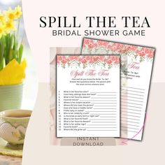 the bridal shower game is displayed on a table with yellow flowers in a vase