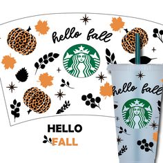 a starbucks cup with an orange and black design on it, next to the text free sv