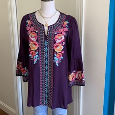 Nwt Beautiful Plum/Dark Purple Embroidered Blouse Casual Purple Blouse With Floral Embroidery, Purple Floral Embroidered Top For Fall, Casual Embroidered Purple Blouse, Purple Floral Embroidery Top For Fall, Casual Purple Embroidered Blouse, Fall Embroidered Rayon Blouse, Casual Purple Floral Embroidered Top, Casual Purple Top With Floral Embroidery, Casual Purple Embroidered Top