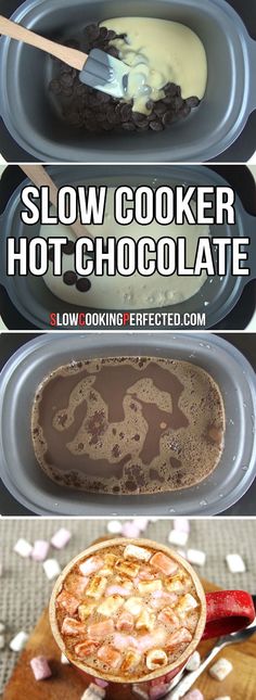 there are three different pictures with the words slow cooker hot chocolate in them and on top