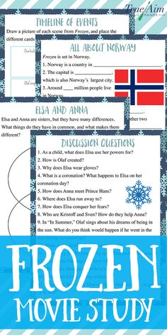 the frozen movie study guide is shown in blue and white with snowflakes on it