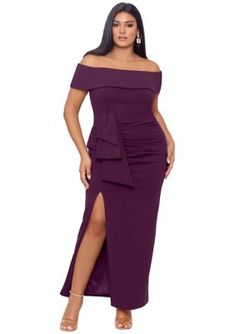 a woman wearing a purple dress with an off the shoulder neckline and side slit