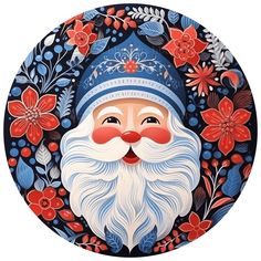 a painting of santa claus with red flowers and leaves on it's face in the center of a blue circle