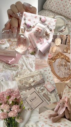 a collage of pink and white items on a bed with flowers in vases