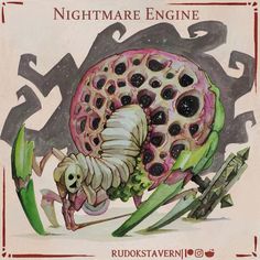 a painting of a bug crawling on top of broccoli with the words nightmares engine written above it