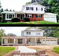 before and after pictures of a house with white siding, red brick accents and black shutters