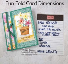 a notepad with some writing on it next to a greeting card that says, fun fold card dimensionss