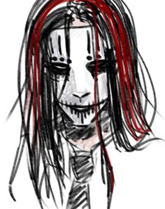 a drawing of a girl with long hair and red streaks on her face, wearing a tie