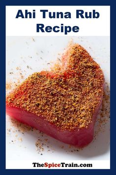 Raw, spice-rubbed ahi tuna steak. Seasoning Tuna Steaks, Ahi Tuna Seasoning, How To Season Ahi Tuna Steak, Seared Ahi Tuna Marinade, Tuna Steak Seasoning, Tuna Seasoning, Ahi Tuna Marinade, Tuna Marinade, Ahi Tuna Steaks