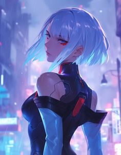 an anime character with white hair and blue eyes standing in the middle of a city