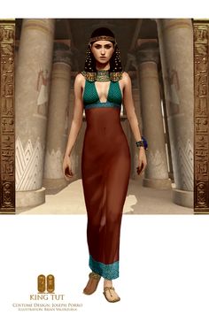 an egyptian woman is standing in front of some columns and wearing a brown dress with green accents