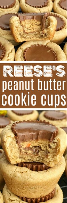 peanut butter cookie cups are stacked on top of each other