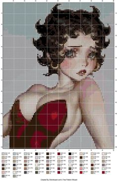 a cross stitch pattern with a woman in a red dress