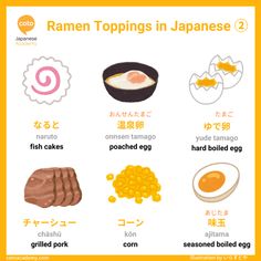 an image of japanese food with the words ramen toppings in japanese and english