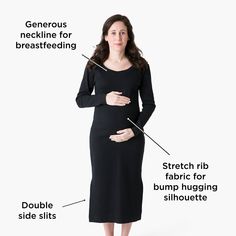 Embrace motherhood in this stretch-rib dress with a gorgeous bump-hugging silhouette. With a generous neckline for breastfeeding, this is a piece you can wear well after delivery. 95% cotton, 5% elastane generous neckline for breastfeeding double side slits at hem stretch rib fabric for bump hugging silhouette lead, phthalate, and flame-retardant free GOTS certified; the leading environmental standard for organic textiles machine wash; tumble dry low Black Stretch Maternity Dress, M Girl, Fitted Ribbed Maternity Dress, Fitted Blue Nursing-friendly Maternity Dress, Black Nursing-friendly Maternity Dress, Rib Dress, Stretch Bump-friendly Maternity Dress, Hugging Silhouette, Rib Fabric