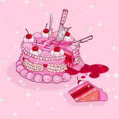 a pink cake with cherries on it and knifes sticking out of the top