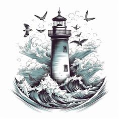 a lighthouse surrounded by waves and birds