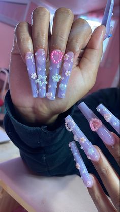 Long Dramatic Acrylic Nails, Extra Purple Acrylic Nails, Purple Junk Nails, Xl Long Acrylic Nails Y2k, Kawaii Junk Nails, Xl Long Acrylic Nails Purple, Purple And Silver Nails, Beige Nails Design