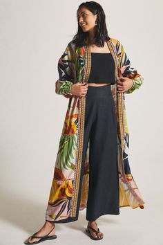 Rent Tiered Leaf Duster from Nuuly. Pick 6 items for $98/month. Free shipping + returns. Long Kimono Outfit, Kimono Outfits, Mode Abaya, Short Kimono, Womens Kimono, Long Kimono, Abayas Fashion, Kimono Dress