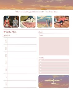 an image of a weekly planner with pictures and words on it, including the plane