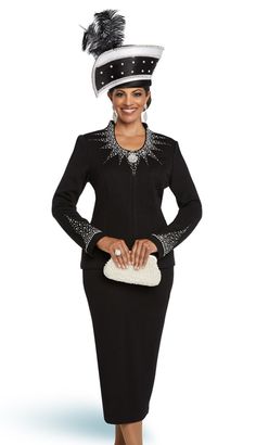 Donna Vinci 13273-BW ( 2pc Exclusive Knit Womens Church Suit With Beautiful Rhinestone And Pearl Trims )-Hat Black Church Outfit, Church Hats African Americans, Black Womens Suit, Church Suits And Hats, Church Lady Hats, Church Attire, Women Church Suits, Church Suits, Elegant Dresses Classy