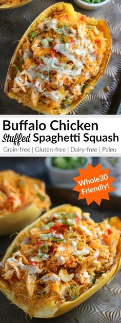 buffalo chicken stuffed spaghetti squash is an easy dinner recipe