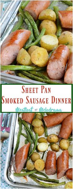 sheet pan smoked sausage dinner with potatoes and green beans