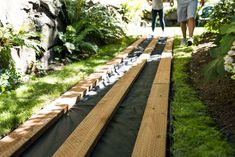 two people walking down a path made out of wooden planks in a garden area