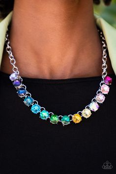 Set in bold silver fittings, a rainbow of oversized multicolored rhinestones sparkles below the collar for an out-of-this-world statement. Features an adjustable clasp closure. Sold as one individual necklace. Includes one pair of matching earrings. Multi Necklace, Multi Coloured Necklaces, Rainbow Necklace, Party Necklace, Life Of The Party, June 2022, Colorful Jewelry, Paparazzi Accessories, White Necklace