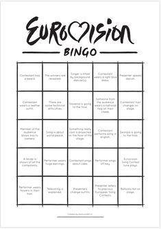 the eurovision bingo game is shown in red and purple lettering, with an image of a