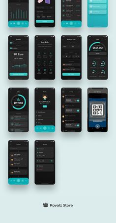 an image of the app design for a mobile phone application, with different screens and buttons