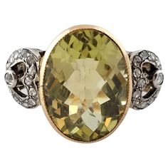 Vintage GAI Certified 18K Two Tone Gold Citrine Diamond Ring Size 6.75 This stunning ring is set with a genuine gorgeous oval rose cut green citrine stone and rose cut diamonds. GAI certificate included. Oval rose cut citrine is approx. 9.50 cts Color Grade - Green Clarity Grade - AAA Rose Cut Natural Diamonds are approx. .50 cts twt Color Grade - G-H Clarity Grade - SI1 - I The center citrine stone is milgrain bezel set and is approx. 15 mm x 11 mm. The stone is eye clean and shows very little Green Citrine, Art Deco Sapphire Ring, Oval Sapphire Ring, Vintage Cocktail Ring, Amethyst And Diamond Ring, Diamond Heart Ring, Pearl And Diamond Ring, Retro Ring, Rose Gold Diamond Ring