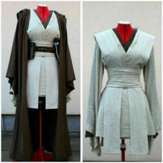 two different views of a woman's white dress and brown coat with red accents