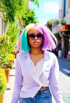 "A young woman with a bold, brightly colored hair style in shades of pastel pink, lavender, and turquoise. She’s walking through a lively city street during the summer, surrounded by green plants and bright sunlight." Pink Lavender, Colored Hair, City Street, Green Plants